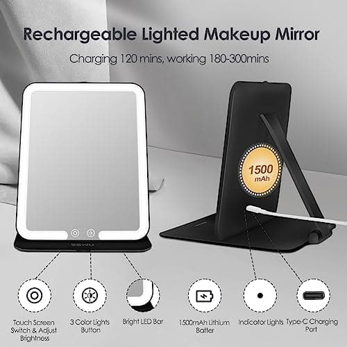 ESWU Travel Makeup Mirror with Light, Portable Folding Make Up Tabletop Mirror with 58 LEDs 3 Colors Light Modes Rechargable Compact Vanity Mirror with Adjustable Stand (Black) — view 6