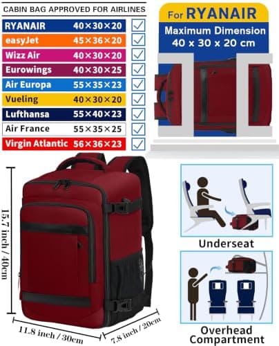 KLOSTAIN Ryanair Cabin Bags 40x30x20 Underseat 24L Laptop Carry On Backpack Fits easyJet Eurowings Wizz Air Red — view 2