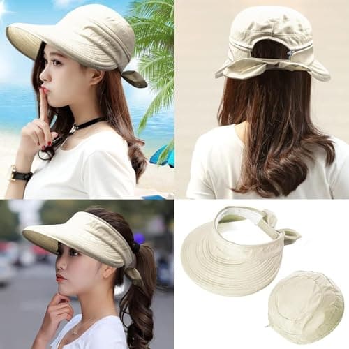 XINCHIA Women Sun Visor Hat Wide Brim Summer UV Protection Cap Golf Visor Hat Beach Visors Caps for Women Removable Topless Foldable Summer Travel Hats Packable Ladies Bucket with Bowknot Beige — view 5