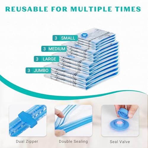 ZOESTORAGE Vacuum Storage Bags,12 Pack Vacuum Bags with Travel Hand Pump,Vacuum Pack Bags for Clothes,Blankets,Comforters,Pillows,Clothes Storage(3 x Jumbo, 3 x Large, 3 x Medium, 3 x Small) — view 6