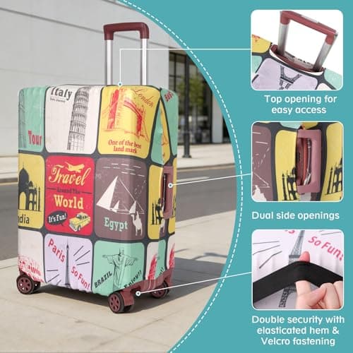Minicoco Luggage Cover Reinforced Suitcase Cover for 22-28 Inch Suitcases, Travel Landmark Patterned Luggage Protector, Elastic Suitcase Cover Dustproof, Scratch-Resistant, Reusable (M（22-24 Inch）) — view 3