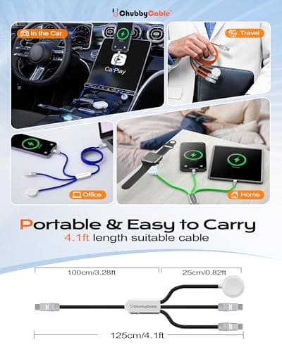 ChubbyCable 3 in 1 USB C Cable 100W for Apple Watch Charger, Orange, 4.1ft — view 6