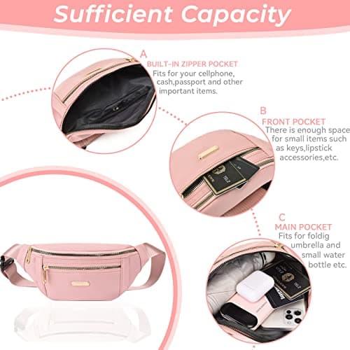 Fanny Pack Fashionable Waist Bag Casual Travel Bum Bag with 3 Zipper Pockets for Women Men Sports Running Hiking Jogging (Pink) — view 5
