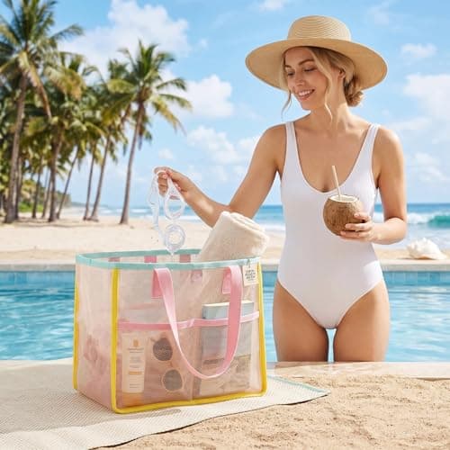 Ameble Quick-Dry Mesh Beach Bag, Net Tote with Large Capacity for Sand Toys, Pool Essentials, Shells, Wet Swimsuits, Lightweight & Breathable - Style-2 — view 2