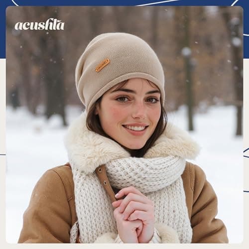 ACUSHLA 100% Merino Wool Slouchy Beanie, Knit Hat Unisex, Light Beige — view 6