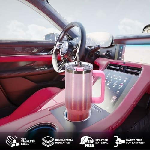 WATERSY Travel Mug Coffee Cup 40oz Tumbler Straw Lid and Handle, Stainless Steel Double Wall Vacuum Insulated Coffee Water Bottle Thermal for Cold Hot Coffee 1182ml Shiny Red — view 4