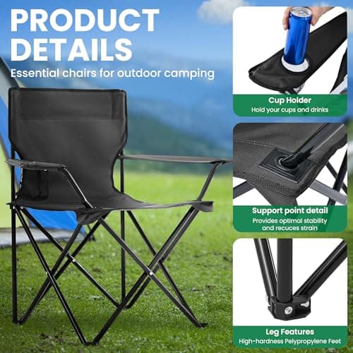 4 Pack Folding Camping Chairs For Adults, Foldable Portable Beach Chairs With Carry Bag & Cup Holder, Compact Design For Camping, Beach, Picnics, And Fishing Supports 300lbs(navy) Black 4pcs — view 4