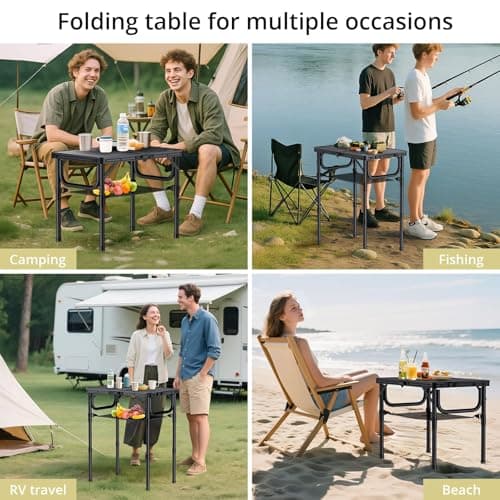 Anbte Folding Camping Table with Storage Net, 3 Adjustable Heights 2ft Aluminum Small Folding table, Lightweight Outdoor table, Portable Handle for Travel, Picnic, Camping, 60cm x 40cm, Pure Black — view 5