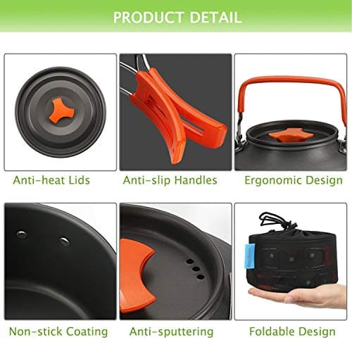 Camping Cookware Kit, Camping Cookware Set Outdoor Cooking Pot Pan Kettle Lightweight Camping Accessories Backpacking Hiking Gear for 2 to 3 People Picnic,Travel (Orange) — view 6