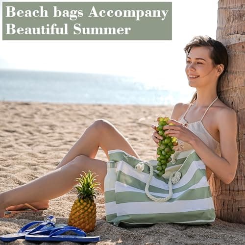 Large Beach Bags for Women - Waterproof Tote Measures 16"x14"x5.2" for ample storage; Features multiple pockets, compact foldable design for beach, travel, sports, pool, shopping and daily use. — view 2