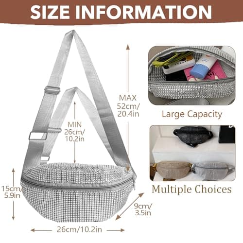 Women's Bum Bag, Large Capacity Fanny Pack Rhinestone Chest Bag Fashionable Crossbody Waist Bag with Adjustable Belt for Ladies Girls Shopping Travel Party (Silver) — view 2