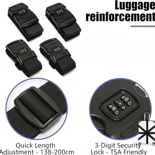 4Pcs Heavy Duty Luggage Straps with Lock - 2 Colours Adjustable Suitcase Straps for Travel Cases, Personalised Luggage Strap for Easy Identification (Black) — view 3