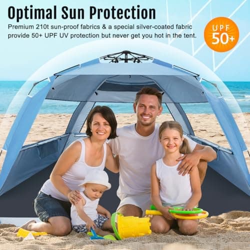 WhiteFang Deluxe XL Pop Up Beach Tent Sun Shade Shelter for 3-4 Person, UV Protection, Extendable Floor with 3 Ventilating Windows Plus Carrying Bag, Stakes, and Guy Lines (Light Blue) — view 3