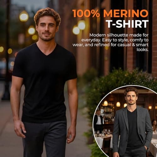 menique Men's 100% Merino Wool V-Neck T-Shirt Lightweight Top, Black, L — view 2