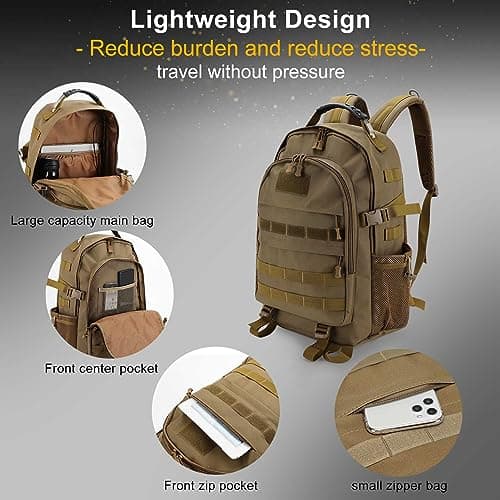 YORKING 50L Military Tactical Backpack Waterproof Assault Molle Army Assault Daypack Large Capacity Backpack for Men Women Trekking Hiking Travel Camping (Brown) — view 5