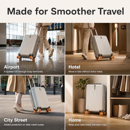 UMEGMBX 8 Pcs Luggage Wheel Protectors 5.5cm, Orange Silicone Suitcase Wheel Covers Anti Scratch Wear Resistant for Travel Luggage Accessories, Noise Reducing Wheel Protector for Suitcase Wheels — view 5
