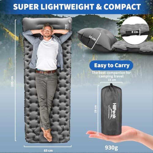 HiiPeak Camping Sleeping Pad, Ultralight Camping Mat with Pillow Built-in Foot Pump Inflatable Sleeping Pads Compact for Backpacking Hiking Traveling Tent (Gray) — view 2