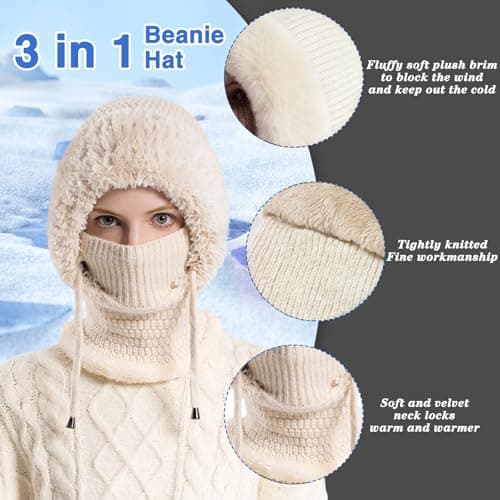Ashloter 3 in 1 Beanie Hat for Women, 3in1 Thermal Winter Balaclava Knitted Hood with Scarf and Face Mask, Windproof Warm for Outdoor Skiing Hiking Running Skiing Cycling Ladis Men (Beige) — view 4