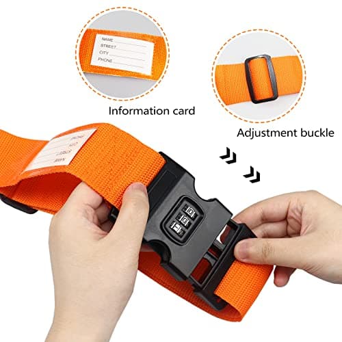 Luggage Strap, 2pcs Suitcase Straps with Password Lock Information Card, Adjustable Travel Packing Accessories Suitcase Belts with Buckle (Orange, 2 PCS Set) — view 4