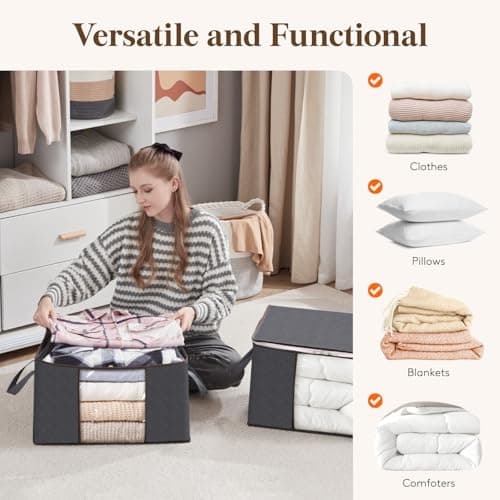 Lifewit 60L Clothes Storage Bags, Foldable Storage Box Moving Bags Wardrobe Storage Organiser Packing Boxes for Moving House with Clear Window for Clothing Bedding Blankets, Grey, 4 Pack — view 6