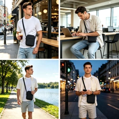 Veyarien Men's Vertical Phone Crossbody Bag, Waterproof Oxford Tall Sling Pouch with Card Slots & 2 Zip Compartments, Adjustable Strap, Lightweight for Daily Commute (Black) — view 2