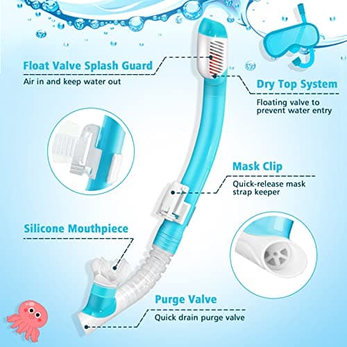 HIKOTEY Children's Snorkel Set,Panoramic Wide View Diving Mask,Snorkeling Gear Anti-Leak and Anti-Fog Tempered Glass Lens,Dry Snorkel Tube,Includes Earplugs and Nose Clip for Age 4-16 Years(Blue) — view 4