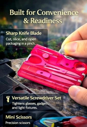 12-in-1 Credit Card Multi Tool, Pocket Survival Tool Kit with Screwdriver, Scissors, Tweezers, Ruler & Bottle Opener, Wallet Size EDC Multitool Gift for Men Dad, Red — view 3