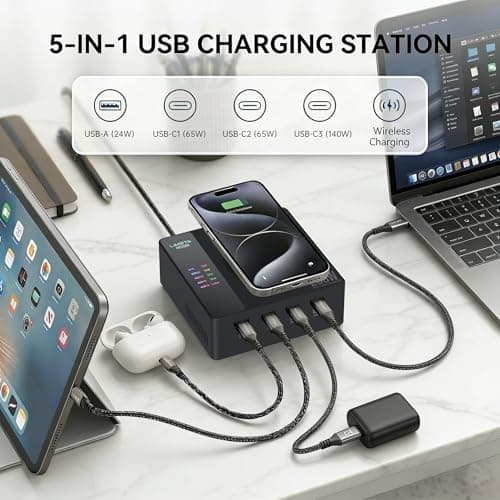 LIMETA MD200X 200W 5-in-1 Fast Charging Station with Display and Wireless Charger, Desktop Charger Hub Multi Port USB Plug UK Compatible with Laptop MacBook Pro 16, Dell XPS, iPhone 16 Pro, Galaxy S24 — view 3
