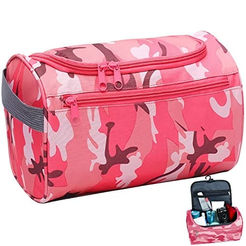 Uhat Hanging Travel Toiletry Bag Gym Shower Wash Shaving Bag Large Capatity Cosmetic Organizer with Handle for Men Women (Red Camouflage)