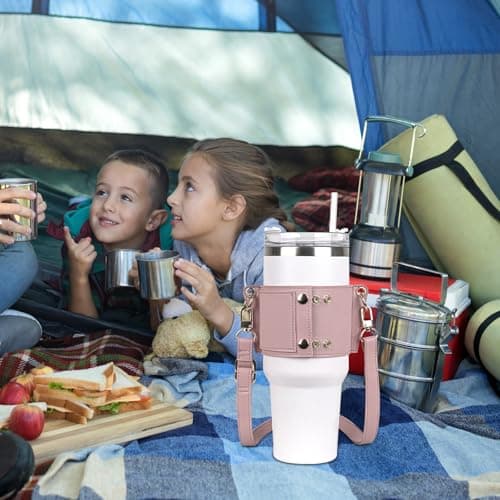 Linkidea Vegan Leather Water Bottle Carrier, Compatible with Stanley Quencher H2.0 30oz/40oz, Simple Modern 40oz Tumbler, Pink — view 5