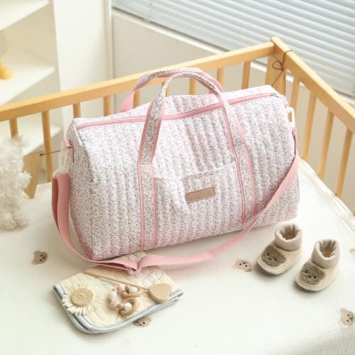 GSenhui Quilted Duffle Bag for Women Cute Baby Hospital Bag Floral Duffel Bags (White Pink Ditsy Floral) — view 2