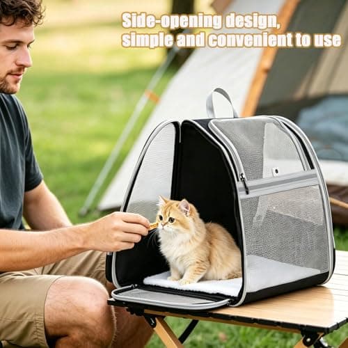 Cat Backpack Carrier for Small Dogs and Cats Fit Up to 8kg, Expandable & Foldable Pet Carrier Backpack with 3-Side Mesh Windows, Portable Pet Carrier with 2 Collapsible Feeding Bowls for Travel Hiking — view 3
