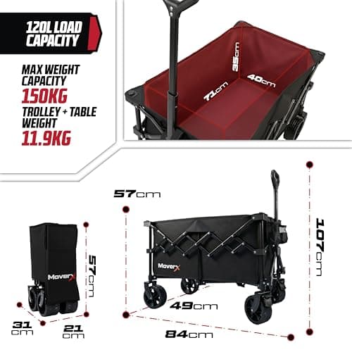 MoverX 120L Camping Trolley on Wheels, Table Folding Wagon, Portable Camping Cart, Foldable Trolly for Festival Beach Outdoor Garden Picnic Shopping Fishing, Wide Wheels, Adjustable Handle, Black — view 3