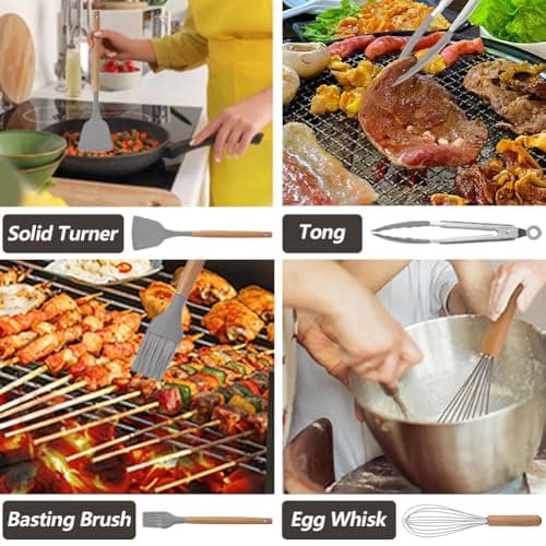 12 Pcs Kitchen Utensil Set, Silicone Cooking Utensils Set with Wooden Handle, Heat Resistant, Nonstick Cookware Tongs Spatula Spoon Set with Storage Bucket for Home, Camping, Dishwasher Safe (Grey) — view 4