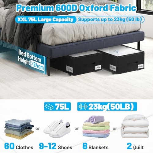 Kukikan Under Bed Storage on Wheels, 2-Pack 24 CM XXL 75L Rolling Under Bed Storage Bag with Zip, Simple Assembly Under Bed Storage Box with Lid & Label, Under Bed Drawers for Clothing, Shoes, Black — view 2
