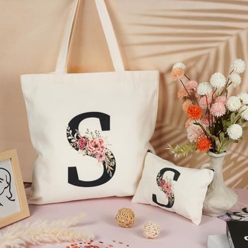 ABOHU Initial Canvas Tote Bag, Personalized Present Bag with Floral Makeup Bag, Premium Cotton Tote Bags for Wedding, Birthday, Beach, Holiday, Great Gift for Women, Mom, Teacher, Friends, Bridesmaids — view 3