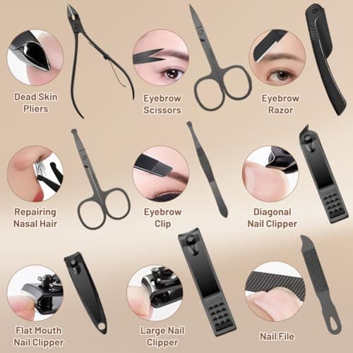 Flintronic Manicure Set, 24 PCS Manicure Pedicure Set, Professional Nail Clippers Kit with Leather Storage Case, Nail Care Tools for Men Women(Black and Silver) — view 5