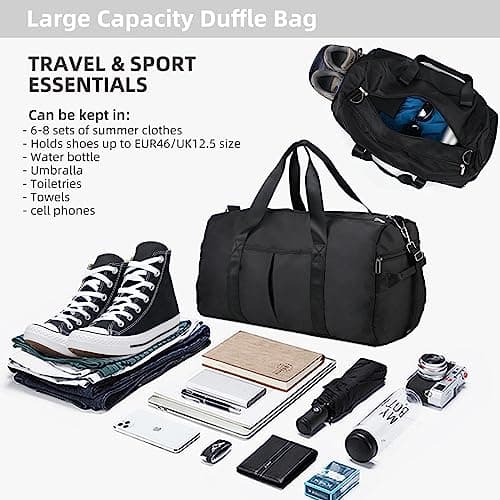 DAYGOS Gym Sports Duffle Bag for Men - Waterproof Travel Duffel Holdall Bag with Wet Pocket and Shoes Compartment, 40L Carry on Overnight Weekend for Women, Black — view 5