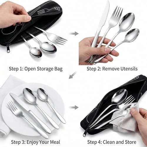 4pcs Portable Stainless Steel Cutlery Set, Reusable Flatware Utensils with Pouch for Camping Travel Picnic Office School Lunch Box — view 3