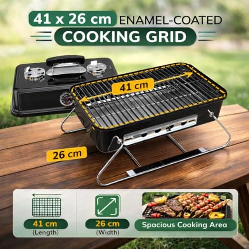 House of Home Portable Charcoal BBQ Grill – Compact Folding Barbecue with Thermometer, Heat Resistant Ash Catcher, Air Vents & Enamel-Coated Rack – Perfect For Camping & Garden Cooking (Black) — view 2