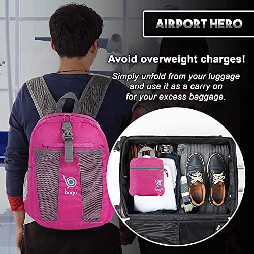 Bago Lightweight Small Hiking Backpack for Women and Men - 25L Travel Day Pack - Foldable Hiking Daypack Ultralight for Camping Outdoor Sports - Day Bag Packable Backpack for Travel (Pink) — view 6