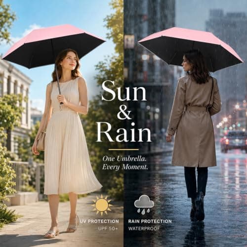 SCCGKP Mini Travel Umbrella Ultralight UPF 50+ UV Blocker Sun Protection Umbrella, Small Micro Travel Parasol Design for Women Handbag Size，Pink — view 4