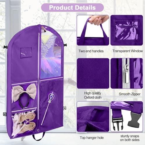 Punklong 2 Pack 40" Kids Suit Bag Dance Costumes Bags with 3 Zipper Pockets,ID Slot and Clear Foldable Suit Cover for Kids Women Hanging Clothes for Travel Competitions,110×60cm (Purple) — view 4
