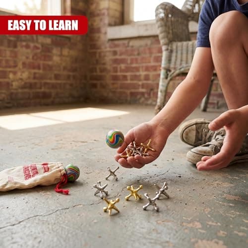 The Magic Toy Shop Retro Jacks Game Set with Balls - Classic Knucklebones Fivestones with 10 Metal Pieces & 2 Bouncy Balls, Traditional Skill Toy - Travel Play, Party Bag Fillers, Kids & Adults — view 6