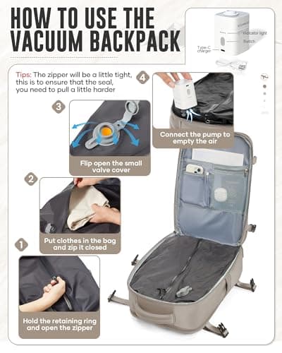 WEPOET Vacuum Backpack Travel with Pump Women, Carry On Laptop Compression Backpack Flight Approved, Ryanair Cabin Bags for Men, Waterproof Travel Bag with Vacuum System(Grey brown) — view 3