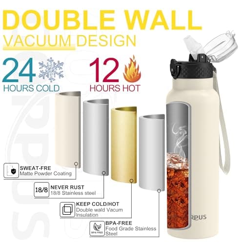 GOPPUS 750ml/26oz Stainless Water Bottle with Straw Double Wall Insulated Bottles with Strap Reusable Vacuum Thermal Flask Leakproof Keep Cold Drinks Bottles with Flip Top Lid BPA Free (Beige) — view 5