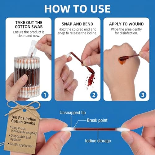 FOMIYES 100 Pieces Disposable Iodine Cotton Swabs, Individually Wrapped Iodine Swabs, Disinfection Cotton Sticks Buds for Scrapes,Cuts, First Aid, Travel & Emergency Use — view 3
