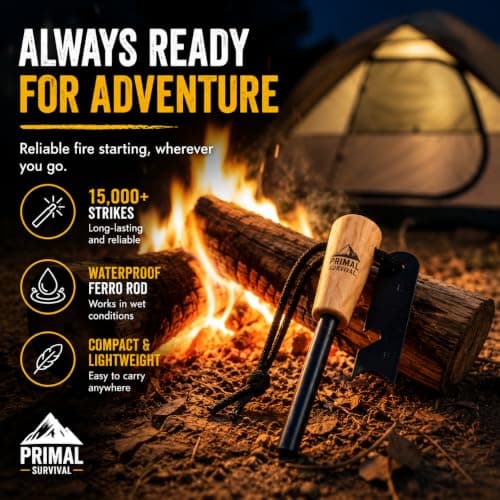 PRIMAL SURVIVAL Fire Starter Kit | 10mm Ferro Rod & Fire Steel with Striker | Flint and Steel Fire Starter for Bushcraft, Camping, Hiking & Outdoor Use | Wooden Handle — view 5