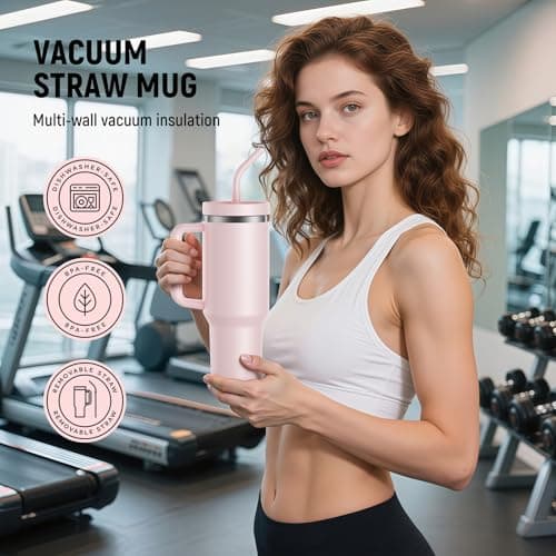 LEIKEEGO Travel Mug Coffee Cup, 1200ml/40oz Tumbler with Straw and Lid, Stainless Steel Double Wall Vacuum Insulated Coffee Cup with Handle-Keeps Cold for 24H-Hot for 12H(Pink) — view 5