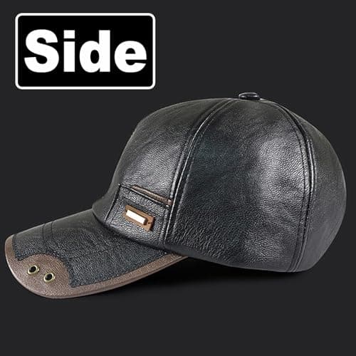 Warm Leather Baseball Cap, Mens Windproof Waterproof Genuine Leather Shell Fleece Lining Adjustable Hat Fall Winter (Black) — view 4